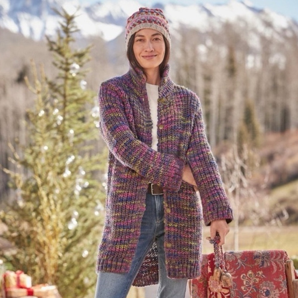 Sundance Ainsley Highland Colorful Wool Chunky Knit Longline Cardigan Medium